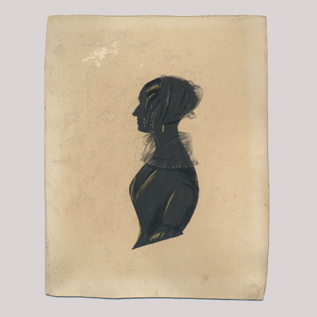 
        Front of silhouette, with woman looking left, wearing a scarf.